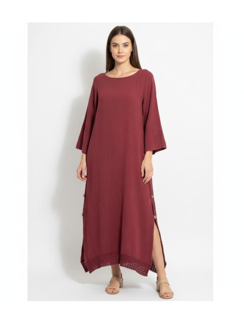 Manta Del Lago NWT Women's Burgundy Cotton Gauze Long Kaftan Dress M Lagenlook